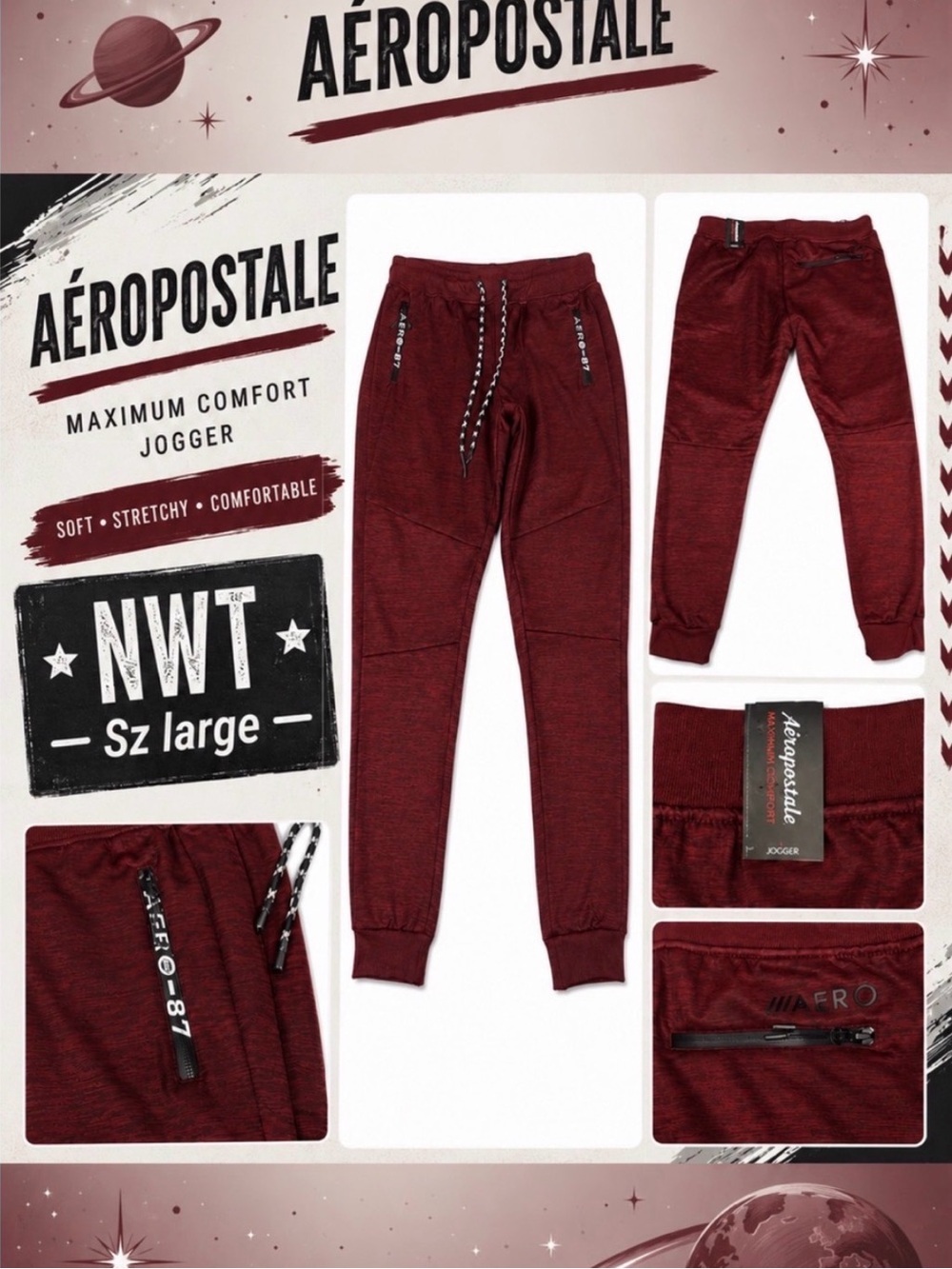 NWT Aeropostale Maroon Heathered Jogger Pants with Zip Pocket